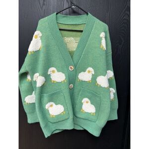 New Korean Women Loose Knitted Sweater Cardigan Buttons L Sheep Jacket Green